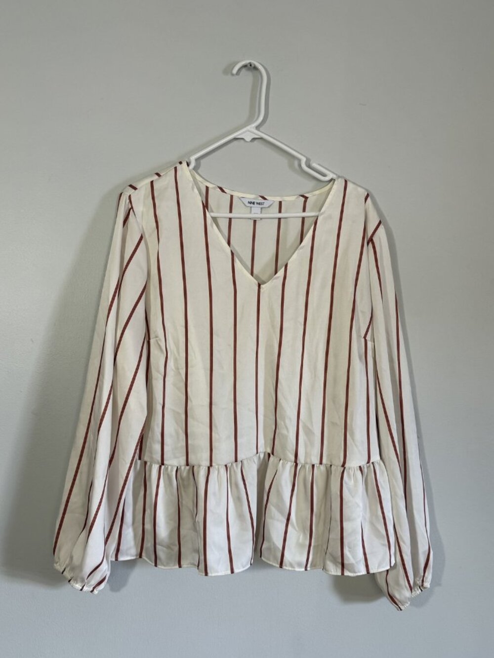 Nine West Cream Rust Striped V-Neck Peplum Blouse Long Balloon Sleeve Size XXL